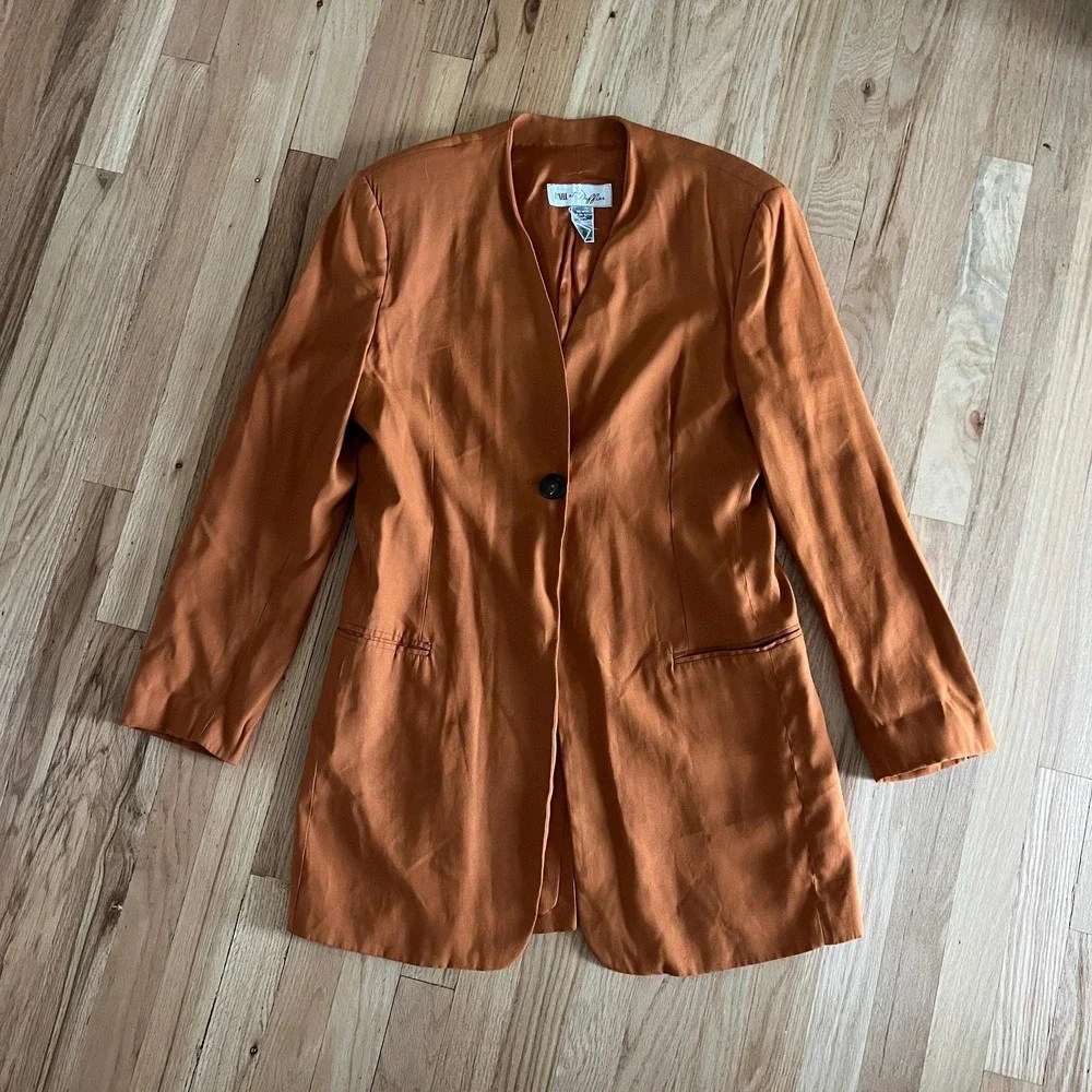 Vintage 90s orange long Rayon blazer oversized classic minimalist large office - Picture 13 of 15